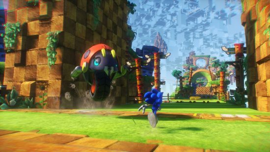 Sonic Frontiers release date: Sonic races past a giant motorbug in a deformed version of the Green Hill Zone.