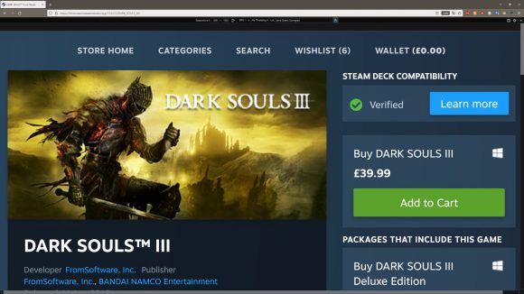 The Dark Souls 3 Steam product page in Steam Deck Gamepad view via Firefox