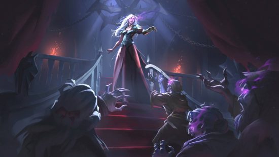 2D art from Vampire game V Rising, showing a female vampire lording over servants
