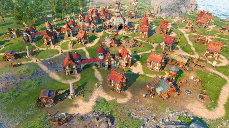 Une vue agrandie d'un village dans le redémarrage de The Settlers