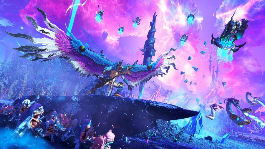 Dragons with a blue and purple backdrop in Total War: Warhammer 3