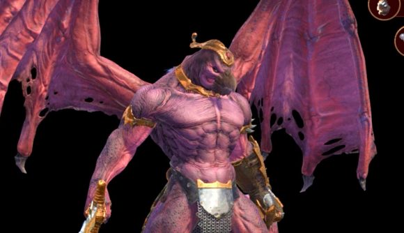 A Total War: Warhammer 3 daemon prince, sporting a beak, leathery wings, and pink skin.
