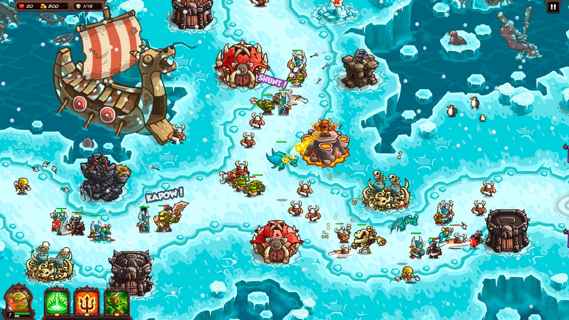 Best tower defense games: a bunch of monsters and vikings fighting in the arctic in Kingdom Rush Vengeance.