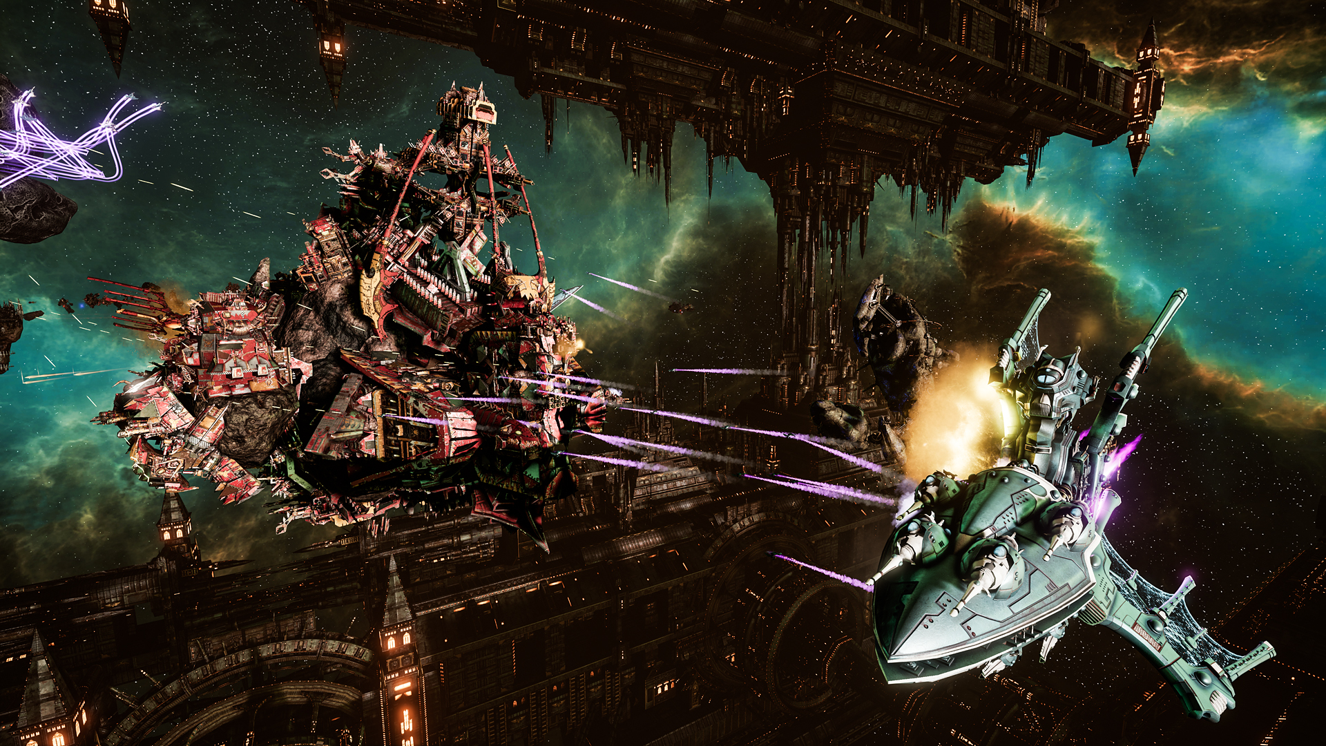 Een ork en een eldar-schip botsen in de ruimte in Battlefleet Gothic Armada 2, een van de beste warhammer 40 Kgames