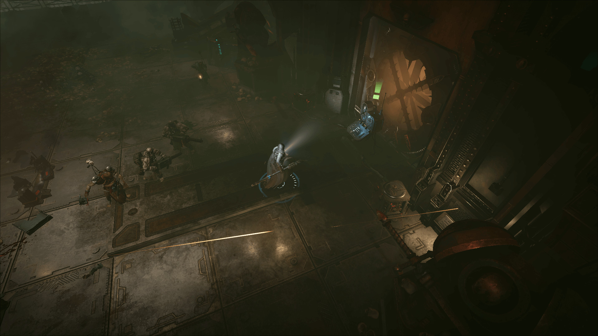 Een inquisiteur benadert een console in een donkere kamer, uit het spel warhammer Inquisitor - Martyr