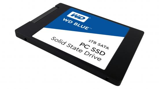 A Western Digital Blue 1TB SSD on a white background.
