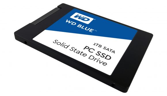 A Western Digital Blue 1TB SSD on a white background.