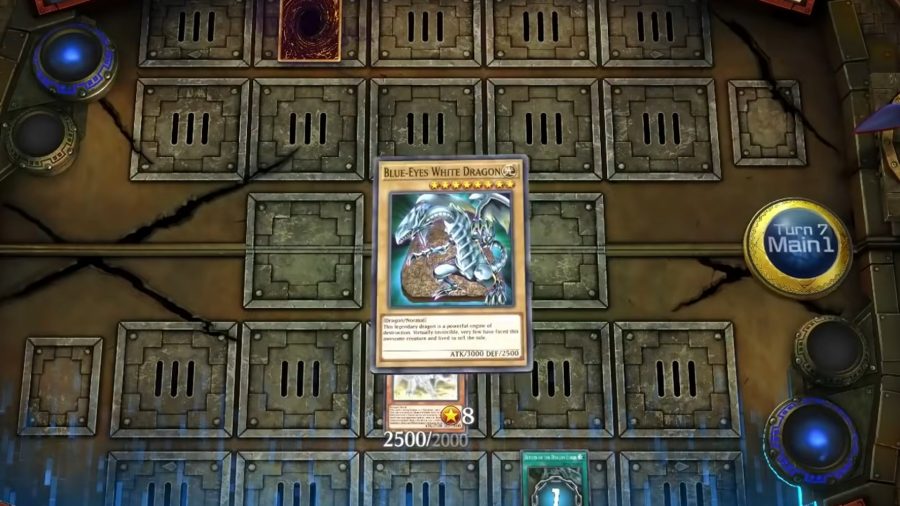 The blue eyes white dragon card is placed on the battlefield in a Yugioh duel
