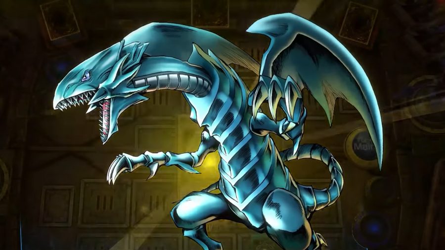 Blue Eyes White Dragon roaring triumphantly, a monster card in one of the best Yugioh Master Duel starter packs
