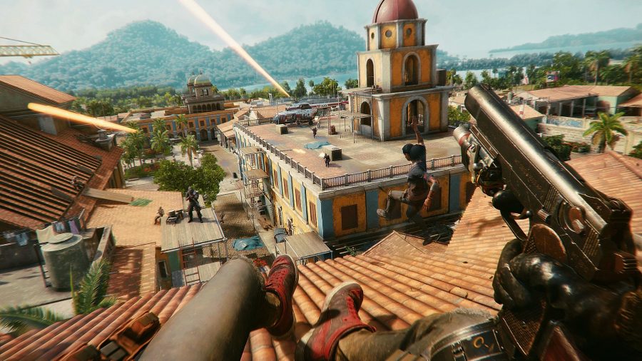 Sliding down a roof with a pistol in hand in Far Cry 6