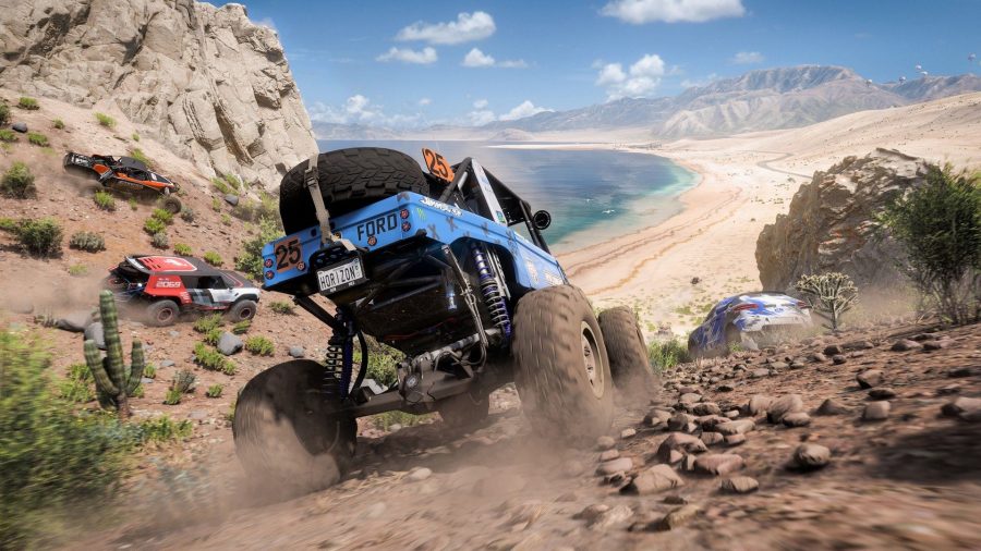 Off-road buggies racing down a gravel road in Forza Horizon 5