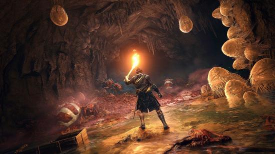 A knight in Elden Ring holding a flaming torch in the air to illuminate a cave
