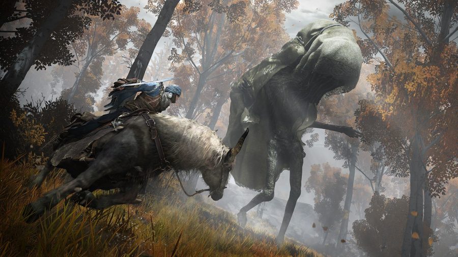 A knight on horseback about to start fighting a giant, terrifying creature in the woods of Elden Ring