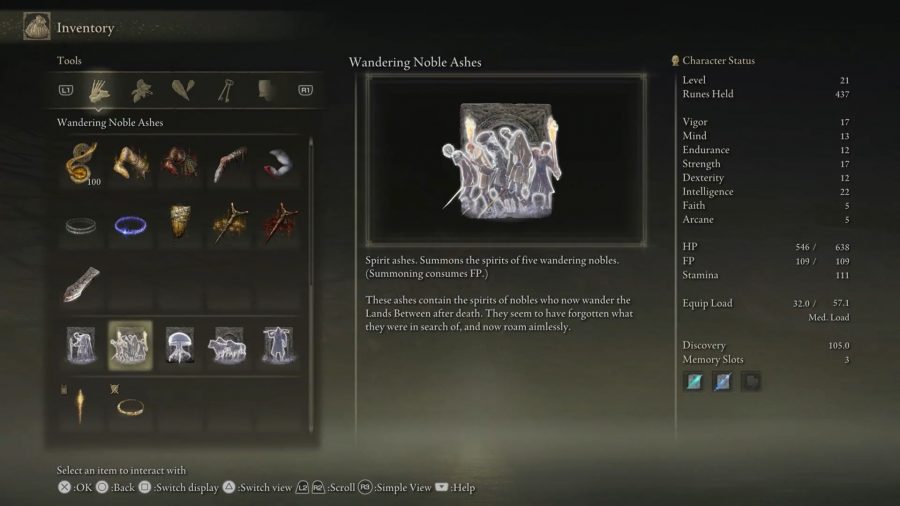 The inventory menu in Elden Ring showing the Wandering Noble ashes and its effects.