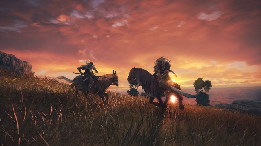 A horseback battle in Elden Ring during a sunset.