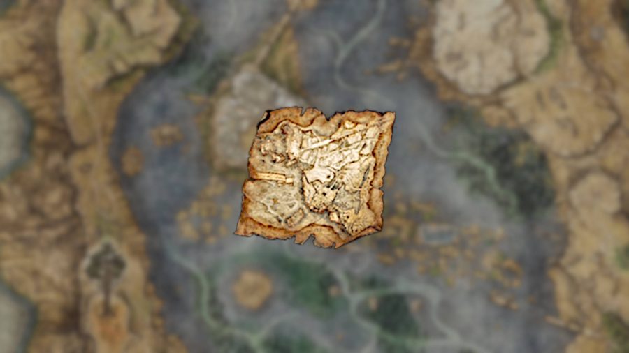One of the Elden Ring map fragment items on a background image of the Elden Ring map.