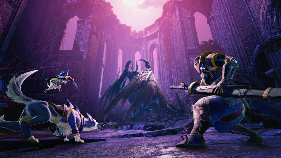 Monster Hunter Rise Sunbreak release date: a Hunter, Palamute, and Palico are squaring off against a Malenzo in some ruins