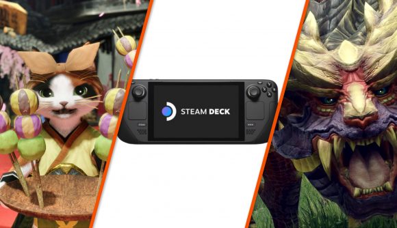 Steam Deck sandwiched between Monster Hunter Rise Magnamalo and Palico