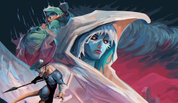 Against the Storm key art includes an illustration of a harpy, with coral blue skin, white hair, and a large hood that looks like a bird's beak.