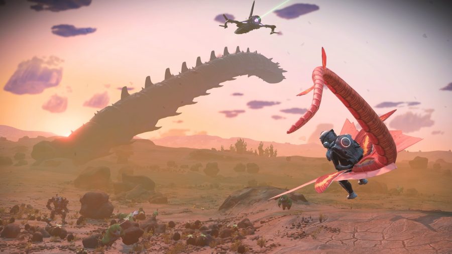 Riding an alien creature into the sunset in No Man's Sky