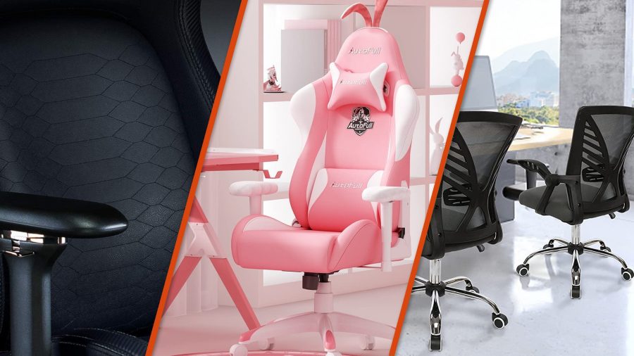 The best Amazon gaming chairs - three top choices have been splices together to create a composite image, one shows a close up of a chair's back and arm, one shows a pink gaming chair in a pink room, and another shows a selection of computer chairs in an office.