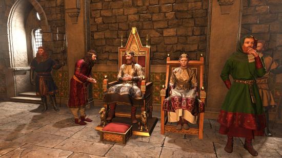 A king sitting on his throne in Crusader Kings 3's Royal Court DLC