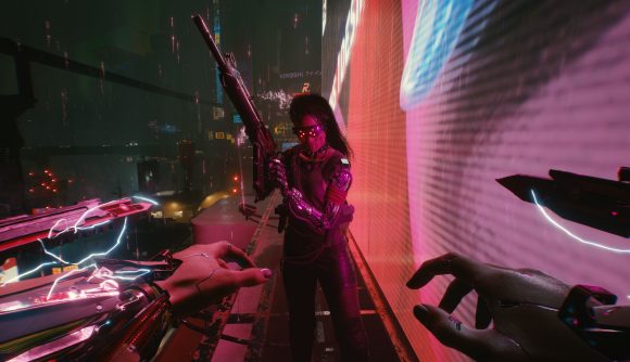 Approaching an enemy in Cyberpunk 2077 with cybernetic blades drawn