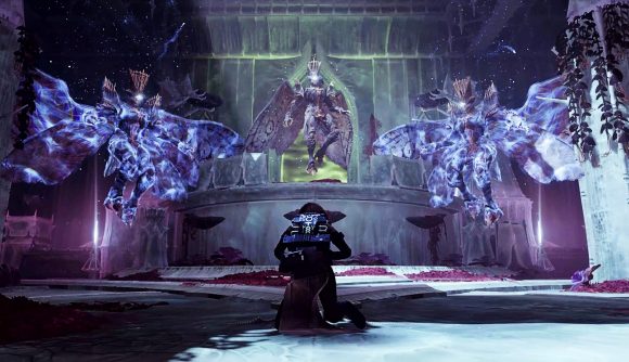 A Destiny 2 character kneels before foes in Witch Queen