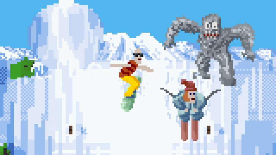 A screenshot of oddball adventure game McPixel 3, with a stone golem and a skier in the forground