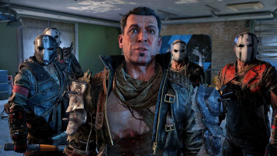 A group of four bandits in Dying Light 2 standing in a line. One of them is unmasked.