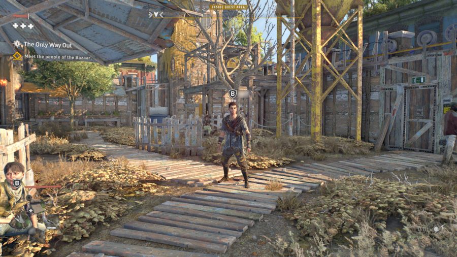A second player is standing inside the Church haven in Dying Light 2 co-op, looking at the camera.
