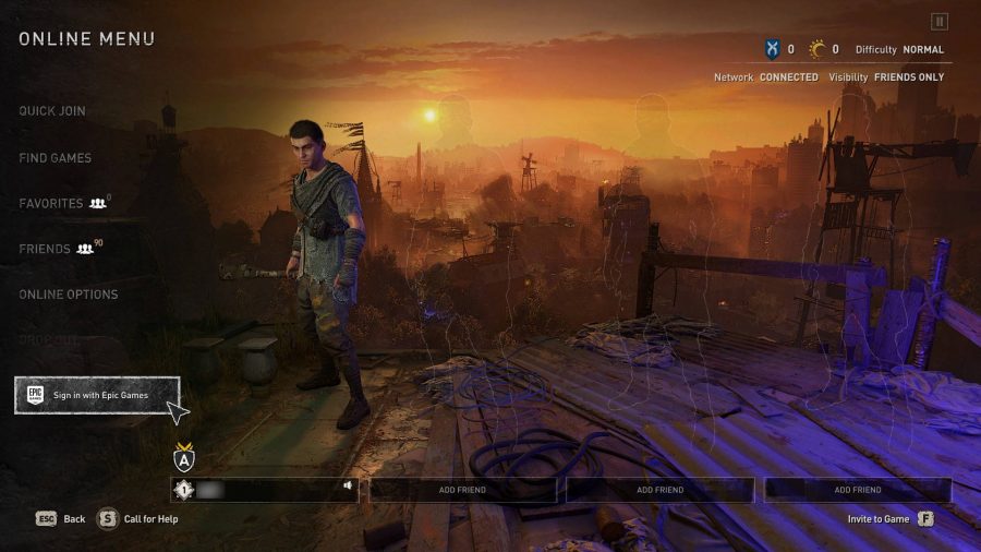 Dying Light 2 online mode in Steam with the mouse cursor highlighting the Sign into Epic button.