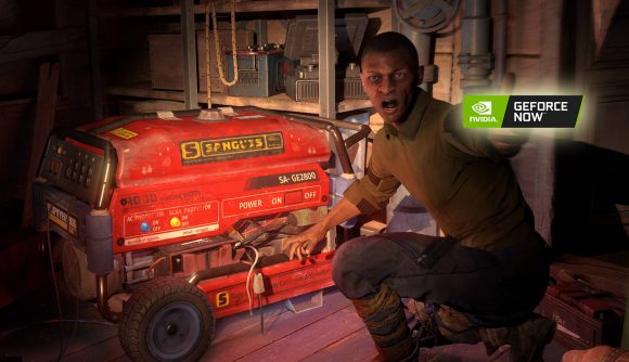 Dying Light 2 character holding Nvidia GeForce Now Logo
