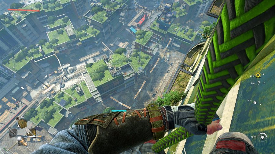 Dying Light 2's Aiden rappels down the side of a building