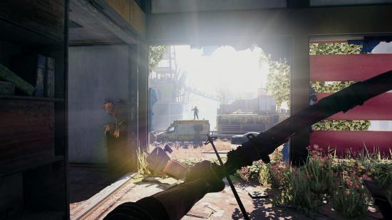 A player aims a bow and arrow out into the bright sunlight in Dying Light 2