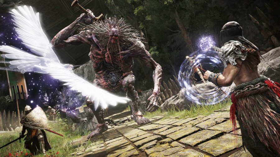 A female mage casts a gravity spell towards an incoming troll and knight in Elden Ring