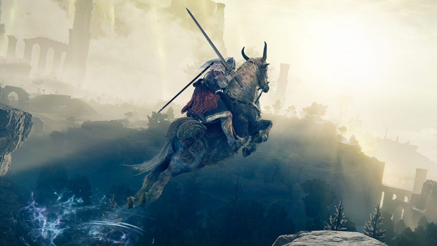 A knight riding a spectral steed as it gallops across the sky using a spirit spring in Elden Ring