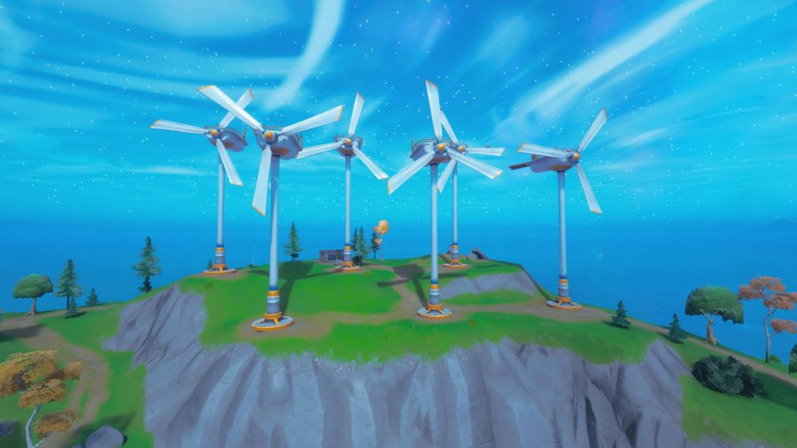 Some wind turbines with ziplines leading up to them in Fortnite