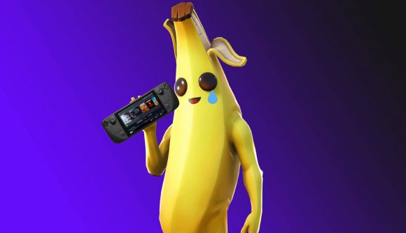 Fortnite banana holding Steam Deck on purple backdrop