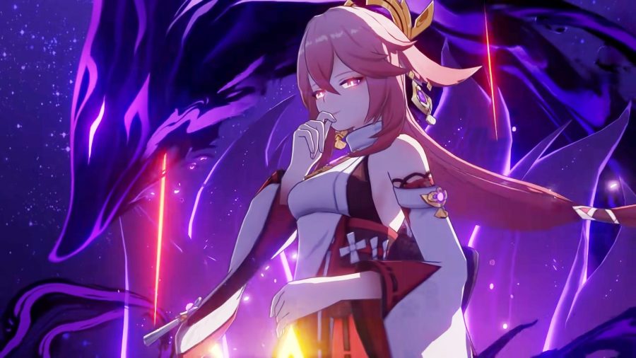 Genshin Impact Yae Miko smiling surrounded by purple energy as she unleashes her powerful elemental burst
