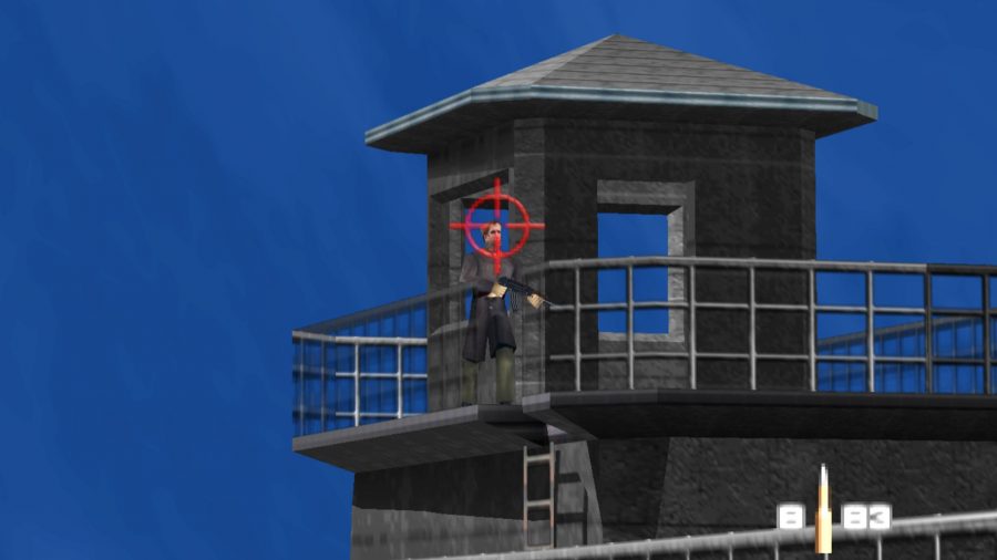 Sniping a guard in a tower in GoldenEye 007