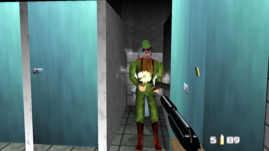 Shooting a Soviet baddie in a toilet stall in GoldenEye 007