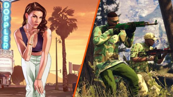 GTA 6 release date: An iconic GTA image featuring a women blowing a kiss, plus some guys with guns