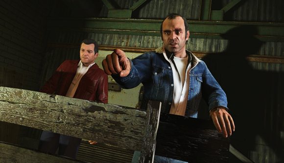 Michael and Franklin from Grand Theft Auto V move towards the camera