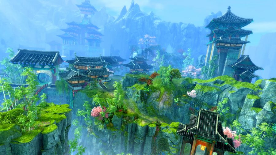 The vibrant green island region of Cantha from Guild Wars 2's End of Dragons expansion