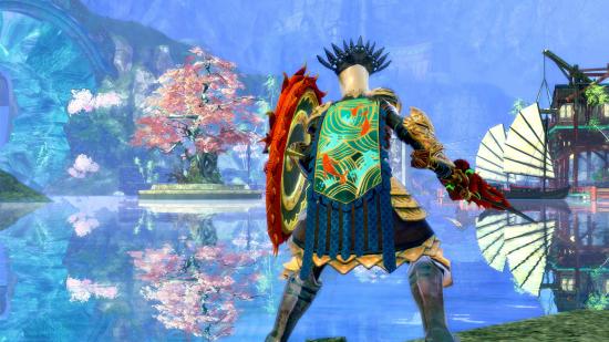 A warrior with a sword and shield standing in front of a tranquil river in Guild Wars 2 End of Dragons