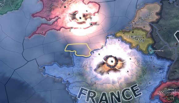 Nuclear blasts appear on the Hearts of Iron IV game map.