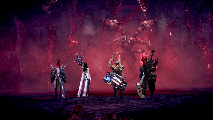 Four Lost Ark characters in a rocky dungeon face a huge monster with many limbs and a big tail.