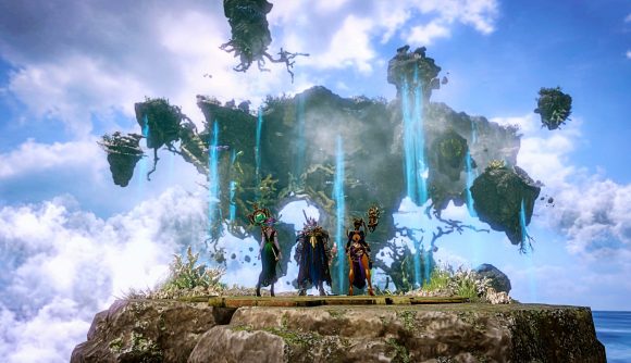Three Lost Ark players stand in front a floating slab of land