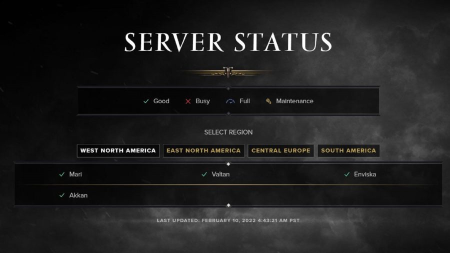 The Lost Ark server status page, showing the current state of all active servers